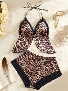 两件套女士性感内衣套装，深V领露背吊带上衣和女士内裤，豹纹蕾丝边缎面舒适睡衣套装 - 鏽棕色 - 查看 8