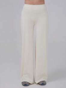 女士高腰阔腿裤，弹力腰带，轻盈飘逸，休闲纯色长裤，适合日常穿着和度假 - 杏色 - 查看 4