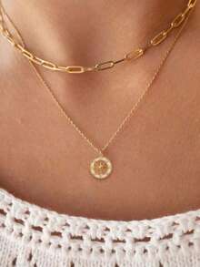 Nooxian 1 chiếc vòng cổ hình vuông tối giản bằng đồng với mặt dây chuyền hình ngôi sao và mặt trời đính đá Cubic Zirconia lấp lánh. - Vàng - Xem 7