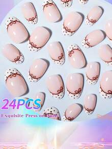 24pcs Short Oval Press On Nails, Y2K Style, Brown Bow Design, Glossy Shiny Finish, Reusable Fake Nails Nail Tips Set For Women Daily Wear Casual Outings - Multicolor - View 3