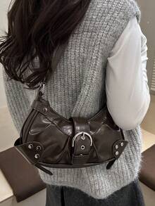 Vintage Versatile Leather Belt Decor One Shoulder Underarm Zipper Opening Baguette Bag, New Solid Color PU Leather Women Small Handbag