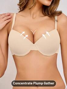 Women's Solid Color Minimalist Underwire Push-Up Bra - Apricot - View 3