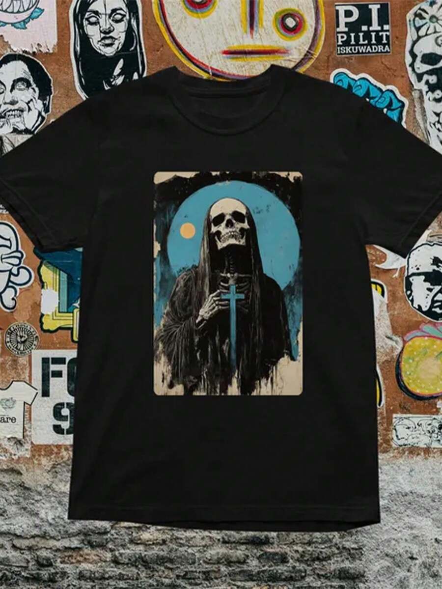 Gothic Skeleton Priest T-Shirt: Dark Art Grim Reaper Graphic Tee - 黑色 8 - 查看 1