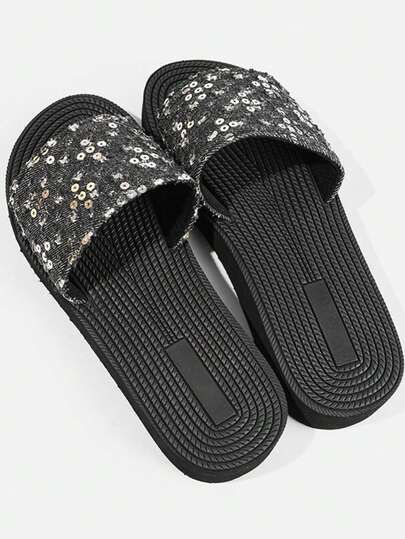 Women's Strap Slide Sandals, Solid Color Elegant Fashion Sequin Splice Strap Slide Sandals, Suitable For Beach, Vacation, All Seasons