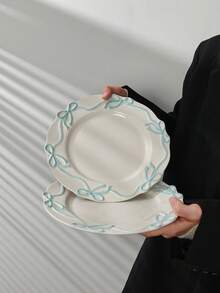 1pc Ins Style Bow Ribbon Ceramic Plate, Handmade Embossed Butterfly Dessert Plate, Elegant Cream Glaze Steak Plate, High Aesthetic Value