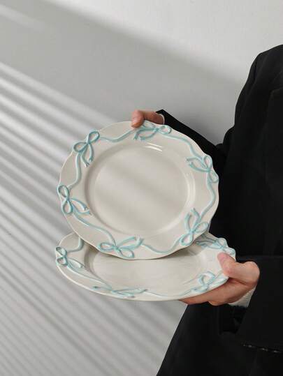1pc Ins Style Bow Ribbon Ceramic Plate, Handmade Embossed Butterfly Dessert Plate, Elegant Cream Glaze Steak Plate, High Aesthetic Value