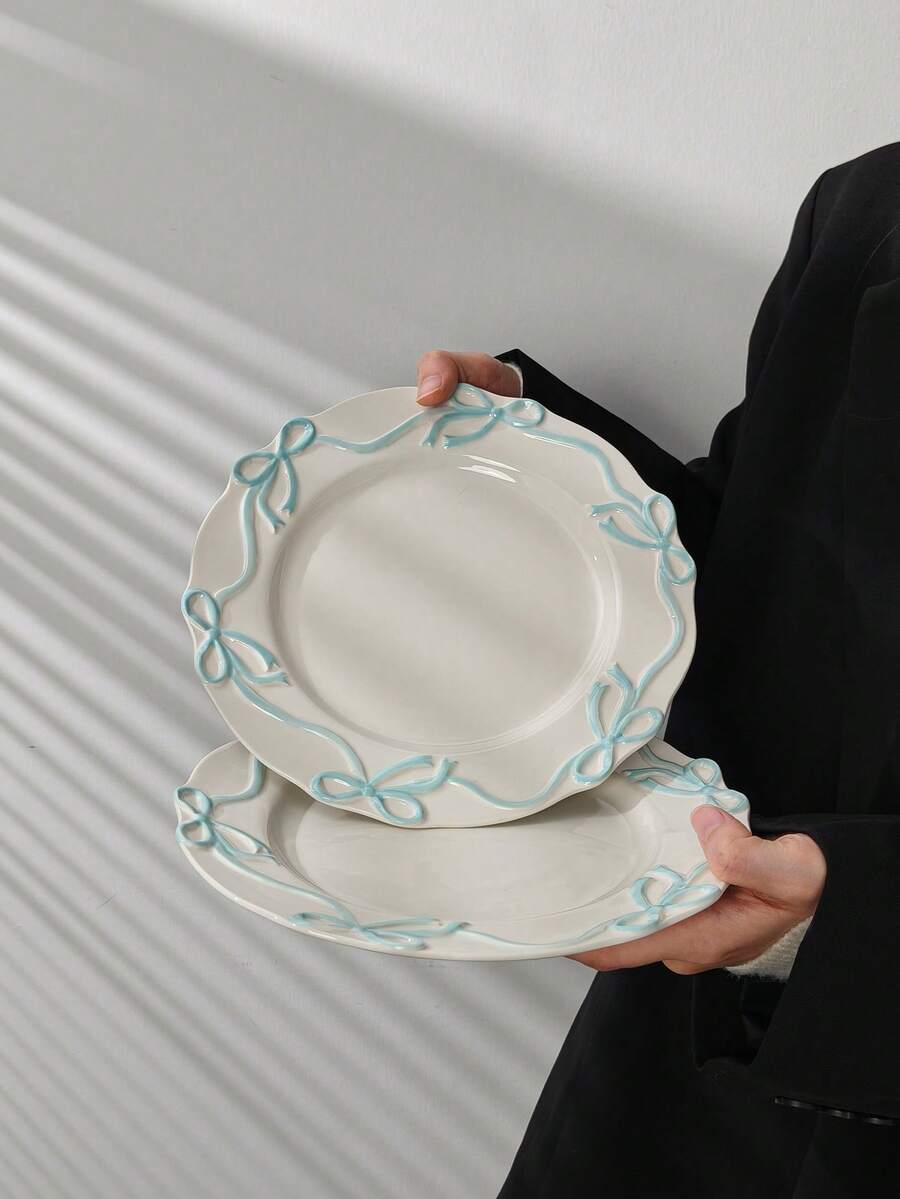 1pc Ins Style Bow Ribbon Ceramic Plate, Handmade Embossed Butterfly Dessert Plate, Elegant Cream Glaze Steak Plate, High Aesthetic Value