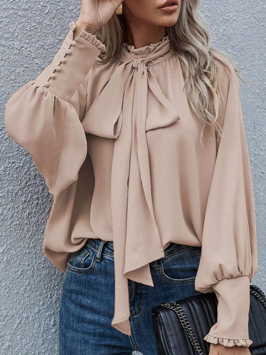 大码女式优雅休闲/办公通勤纯色荷叶边灯笼袖宽松衬衫 - 杏色 - 查看 1