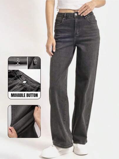 KATCH ME [Petite]Women's Stretchy Wide Leg Jeans - Mid Rise Comfort Denim Pants, Soft Streetwear Trousers For Fall Winter, Casual Loose Fit Women Bottoms