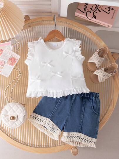 2pcs/Set Young Girl's Sweet Fashion 3D Bow Sleeveless Top And Casual Floral Shorts, Suitable For Daily Wear, Outdoor, School, Gathering