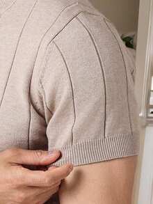 GRDR Men's Loose Thin Ribbed Crew Neck Knit Short Sleeve Sweater, Summer - Apricot - View 3