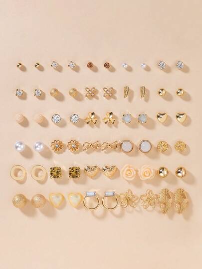 30pcs/Set Assorted Size Rose Flower, Rhinestone, Faux Pearl, Heart Shaped Earrings Set For Women, Exquisite & Colorful Jewelry
