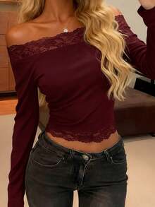WOWDARK Women's Summer Tops, Burgundy Lace Trim Off Shoulder Long Sleeve Casual Blouse, Suitable For Birthday Party, Valentine's Day, Date, Travel, Beach And Other Occasions - Burgundy - View 10
