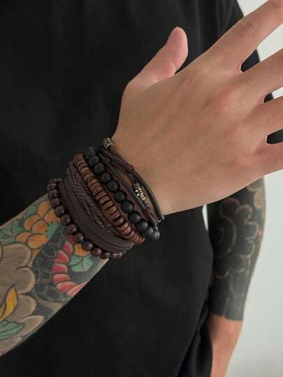 1/4/5 piezas Pulsera ajustable de cuero oscuro con cuentas para hombres, adecuada para decoración diaria, regalos de joyería y uso en fiestas