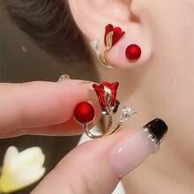1 Pair Elegant Simple Tulip Flower Design Fashion Women's Earrings Suitable For Daily Wear, Elegant Tulip Round Bead Earrings, Party Dress Matching, Red Tulip Earrings, Tulip Water Drill Flower Element Earrings - (紅色的) - 查看 7