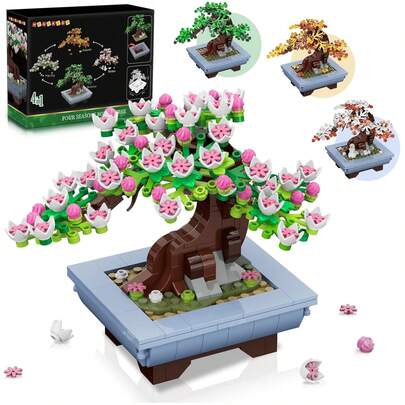 Cherry Blossom Flower Building Set 4 Seasons Sakura Bonsai Tree Building Block Toy Collection DIY Plant Home Office Decoration Birthday Gift For Adults Teens Kids Ages 6-12+ Room Decoration