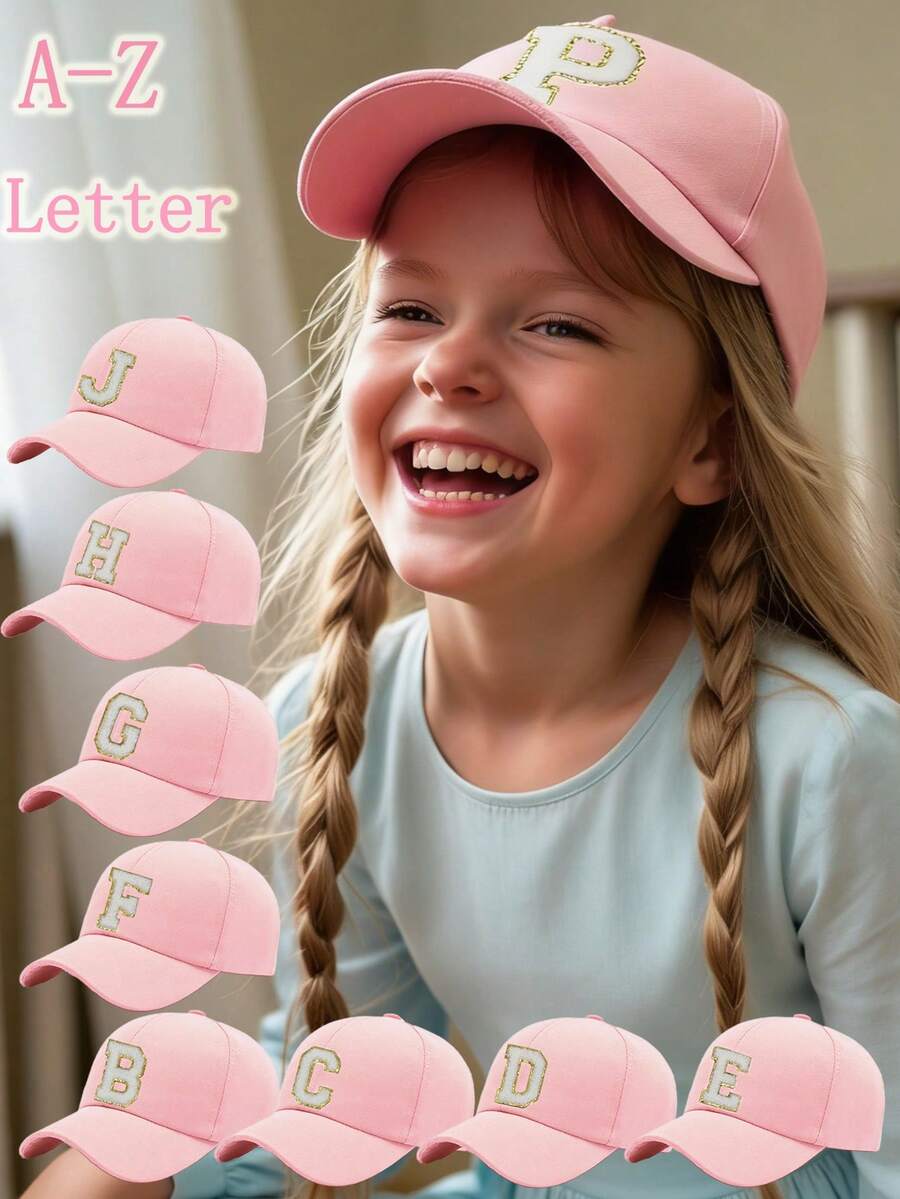 1pc Personalized 26 Letter Name Print Sun Hat Baseball Cap, Adjustable Unisex Kids Outdoor Casual Sun Protection Hat - Pink - View 1