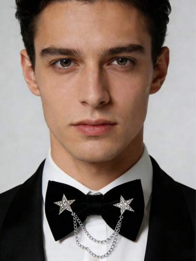 1pc Men's Bow Tie, Black Suit Shirt Groomsman Gift, Five-Pointed Star Chain Bow Tie Lapel Pin, Hand Wash Or Dry Clean