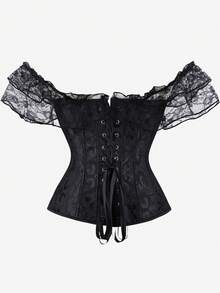 Overbust Lace Trim Off Shoulder Corset Top, Bustier, Bodice, Strapless Crop Top For Women, Vintage Burlesque Stage Performance - màu đen - Xem 3
