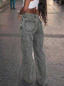 Quần jeans nữ ống đứng, cài cúc cổ điển, thiết kế túi xéo, kiểu dáng giản dị và thoải mái, đa năng cho mặc hàng ngày. - Xám - Xem 2