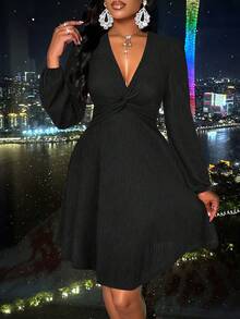 Amarilo Women's Sexy Deep V-Neck Twist Front Lantern Sleeve Glitter Detail Velvet Dress Perfect For Party - Black - View 6