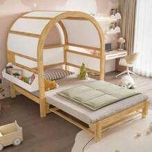 Extendable Arched Roof Bed, Sliding Bed, Children's Bed, Daybed, Small Side Shelf, Pine+MDF, White+Natural, 140x200cm - White - View 5