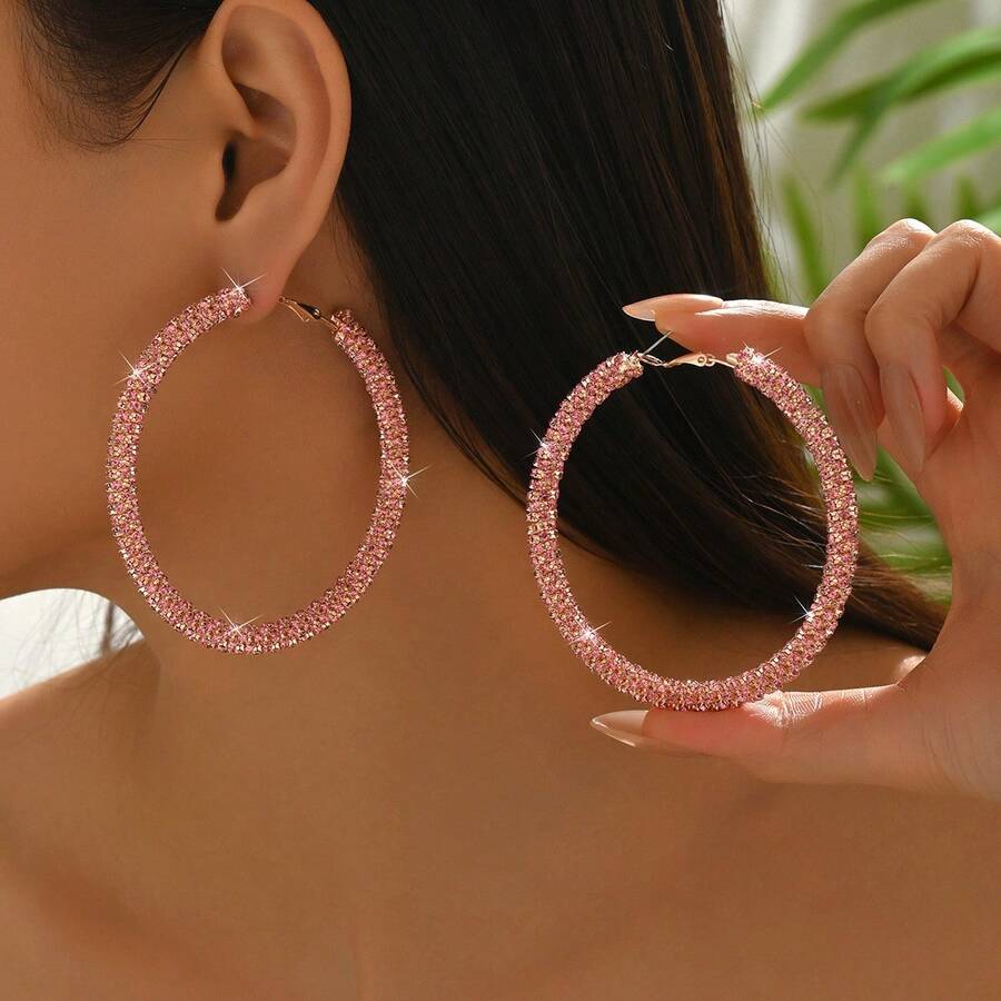 European And American New Style Full Diamond Ring Personality Exaggerated Copper Women Simple Fashion Super Shiny Inlaid Diamond Hoop Earrings Suitable For Women's Daily Wear - 粉色 - 查看 1