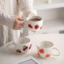 1pc Cute Fruit Embossed Design Ceramic Mug, Juice Big Cup Designed For Sweet Girls, Strawberry, Cherry, Pumpkin, Milk Cup, Coffee Cup, 420ml/14.20oz, Suitable For Summer And Winter Drinks, New Year, Valentine's Day Holiday Gift - White - View 1