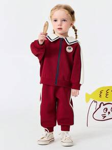 Bộ đồ đôi phong cách retro cho bé gái, áo khoác dài tay và quần dài, chất liệu vải chống xù lông, mùa xuân 2026. - rượu vang đỏ - Xem 1