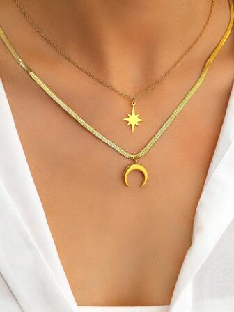 不锈钢项链 新款月亮星星蛇刃多层链条精致感颈链 女士珠宝