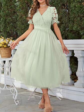 Simplee Women's New Spring/Summer Lace Contrast Mesh Romantic Elegant Dress, Wedding Gown, Party Dress, Fairycore