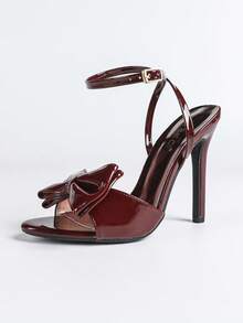 Jin Bei Qi Women's High Heel Shoes, Round Toe, Solid Color Patent Leather, Bow Decor, Strap Criss-Cross Ankle Strap, Open Toe, Outdoor Party Stilettos, Elegant Fashion Women's Shoes, Suitable For All Seasons, Romantic Party Banquet Burgundy High Heels,Spring Summer Outfits - Burgundy - View 8