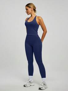 一套女士弹力吊带交叉露背弹力吊带背心和紧身裤运动服套装 - 藍色 - 查看 6