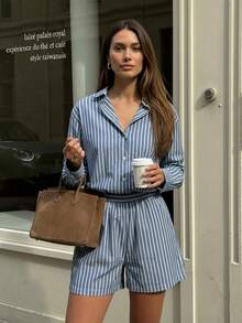 Women's Spring/Autumn New Striped Long Sleeve Shirt + Shorts Set, Business Casual 2-Piece Outfit, Striped Elegant Front Button Casual Suit For Vacation, Office, Daily, Airport, Spring/Autumn - Blue - View 3
