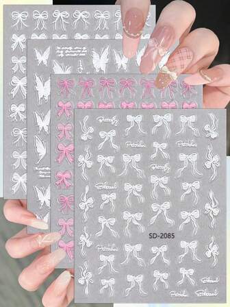 2 ark söt rosett fjäril nagelklistermärken 5D vitrosa band spets nagelkonst dekaler för kawaii gör-det-själv manikyr