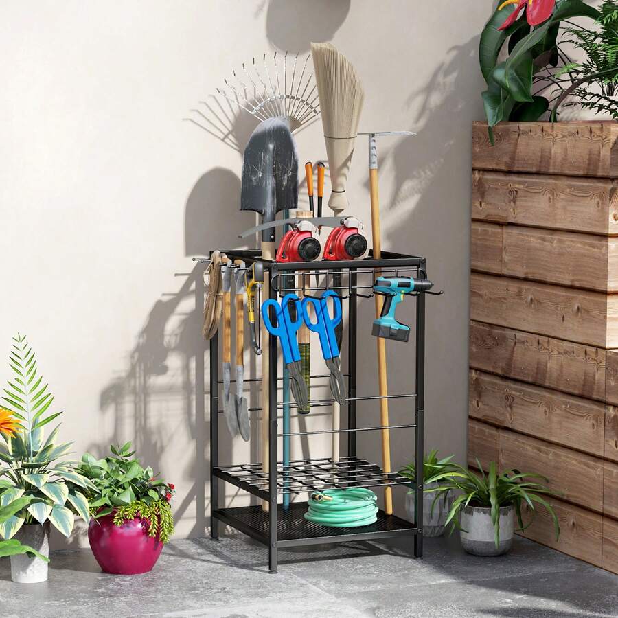 Outsunny Garden Tool Organizer With 14 Hooks, 3-Tier Yard Tool Tower Rack For Garage Organization, Hold Long-Handled Rakes, Shovel, Broom, Metal Tool Holder For Shed, Black - 黑色 - 查看 1
