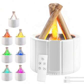 USB Powered Remote Control Humidifier, 7-Color Light Humidifier, Simulated Flame Aroma Diffuser, White