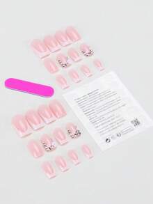 24 Móng Giả Ngắn Hình Vuông/Sử dụng các mẫu móng nghệ thuật kiểu Pháp được trang trí bằng hoa đính đá lấp lánh giúp tôn lên cá tính của bạn/Đi kèm với keo dán dạng gel và miếng dán, thích hợp để kết hợp, có thể tái sử dụng cho dụng cụ làm móng hàng ngày. - Nhiều màu - Xem 2