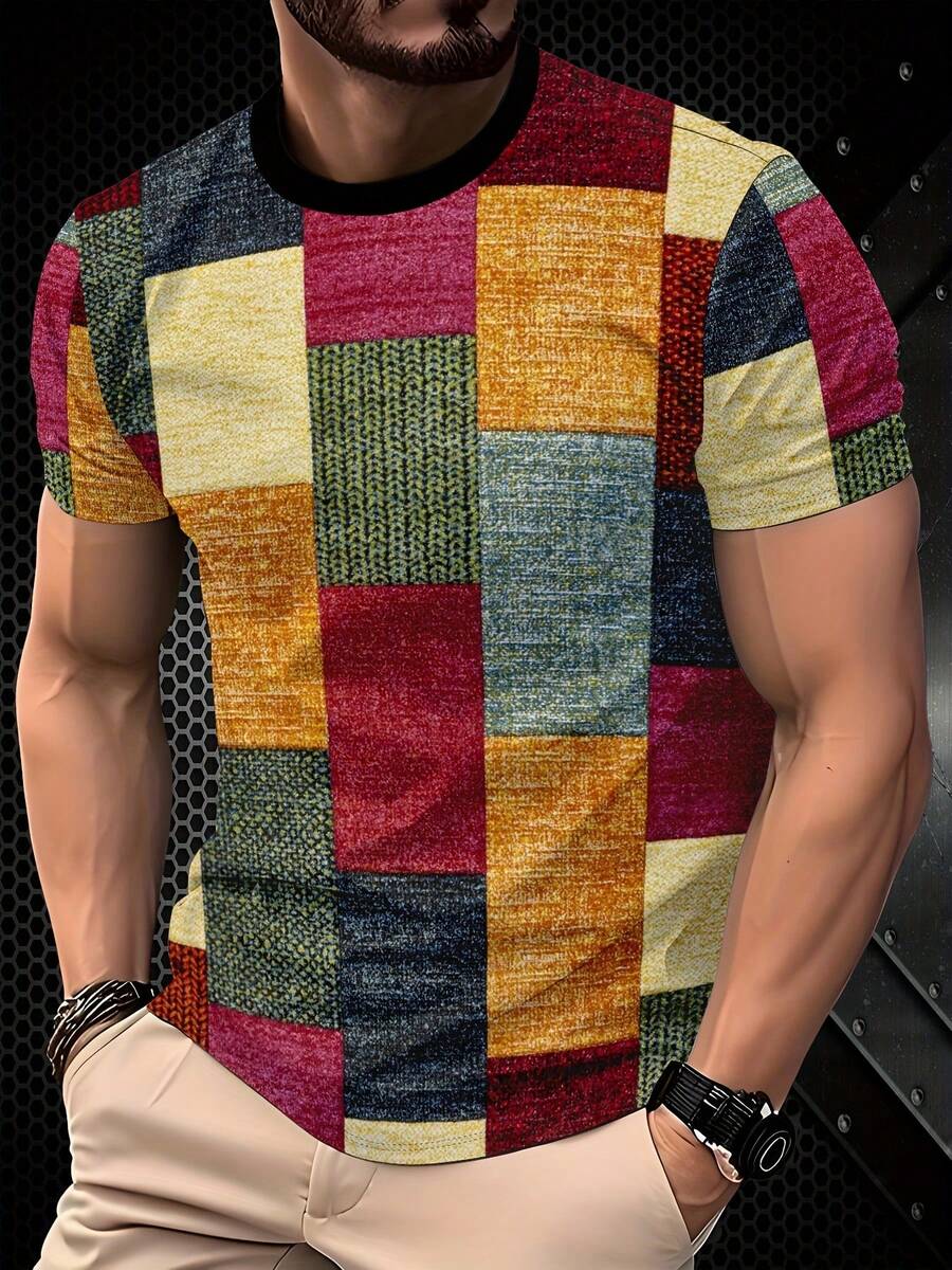 Men'S Casual 3D Print-Shirt - Vibrant Street Style Design, Breathable Round Neck Regular Fit, Washable Summer Top, Cool, Artistic Fashion, Comfortable Fabric Casual Attire, Everyday Tshirt| Vibrant Print Tee| Comfortable Fit - 混合色 - 查看 1