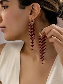 1对简约优雅复古流苏心形吊坠耳环 - 酒紅色 - 查看 6