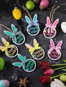 4pcs Easter Bunny Hanging Decorations, Wooden Hollow Bunny Ornaments With Plaid Bow And Rope, Cute Spring Hanging Decor For Home, Garden, Office And Party - Multicolor - View 2