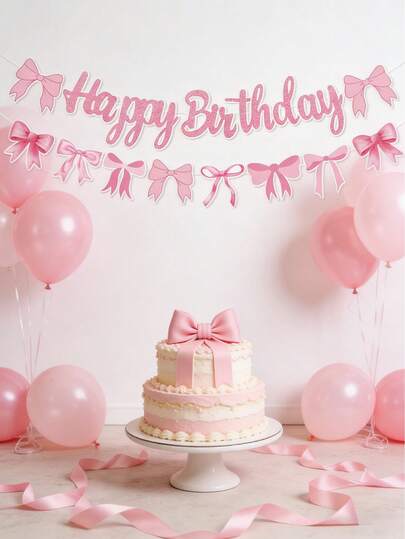 1 Set Pink Bow Happy Birthday Garland Banner, Birthday Party Banner, Pink Bow Birthday Party Decor, 1st Birthday Banner, Baby Shower Decor, Girl Birthday Party Supplies, Pink Bow Decor, Birthday Party Background Decor, Bow Party Decorations