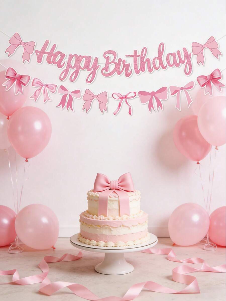 一套粉色蝴蝶结生日快乐彩带横幅,生日派对横幅,粉色蝴蝶结生日派对装饰,一周岁生日横幅,婴儿派对装饰,女孩生日派对用品,粉色蝴蝶结装饰,生日派对背景装饰,蝴蝶结派对装饰 - 粉色 - 查看 1