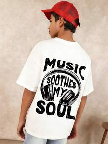 Boys' Casual Stylish Music Artist Headphone Print Round Neck Short Sleeve T-Shirt, Summer New Kids Tops - White - View 10