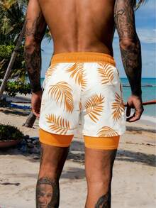 Men's Beach Holiday Print Drawstring Double Layer Beach Shorts - Multicolor - View 3
