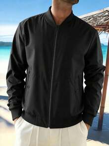 1pc Men's Solid Color Jacket, Casual Loose Fit Versatile Outdoor Sports Hiking Windbreaker, Autumn/Winter - Black - View 3