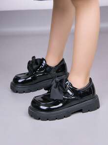 Girls' Elegant Comfortable Flat Shoes, Fashion Leather Bow Slip-On Loafers - Black - View 2