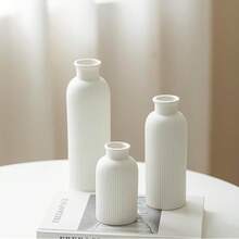Modern Ceramic Vase Set, White Ribbed Matte Design, 3-Piece Decorative Vases For Home, Living Room, Office (White) - 白色 - 查看 8