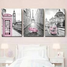 Set Of 3 Modern Art Prints With Eiffel Tower, Saint Paul's Cathedral, And Big Ben, Featuring Pink Telephone Booths, Buses, And Umbrellas, Bedroom, Kitchen, Office Wall Decor Canvas Print, Canvas Only,Wall Art,Poster Gifts Birthday Graduation - Multicolor - View 9