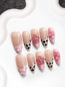 10pcs Autumn/Winter Nail Art Set, Includes Coffin Shaped Press-On Nails, Almond Shaped Nails, Duck Billed Nails, French Nail Stickers, 5-Petal Pink Nail Jewelry, Water Drop Nail Stickers, And Pink Blush Nail Gel. The Set Comes With A Tool Kit (1 Jelly Sticker + 1 Nail File). Suitable For Women In Autumn/Winter, Can Be Used For Weddings, Parties, Holidays, And Festivals. An Excellent Gift For Ladies. Nail Supplies - Multicolor - View 3